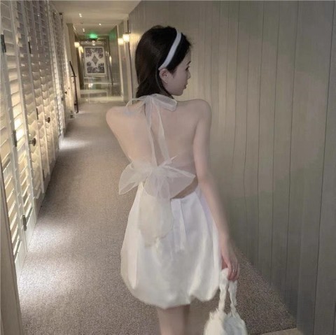  new Korean fashion slim lace up mesh bow neck dress women's vest skirt women's summer