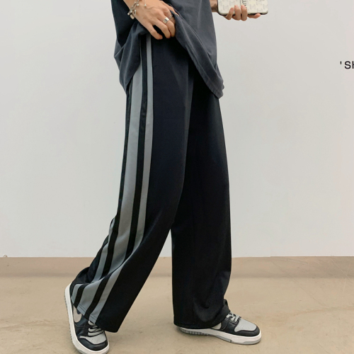 Real shooting of spring versatile sportswear vertical stitching loose floor wide leg casual pants men's and women's fashion