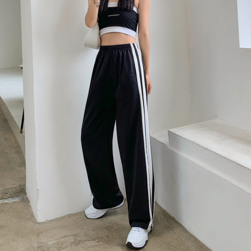 Real shooting of spring versatile sportswear vertical stitching loose floor wide leg casual pants men's and women's fashion