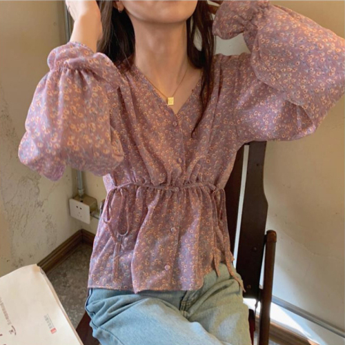 Spring and autumn new style shirt female design sense of minority light cooked shirt waist closing skirt small shirt French Vintage Floral blouse