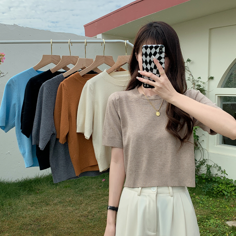 Real price spring and summer Korean version solid color versatile short style niche short sleeved sweater top