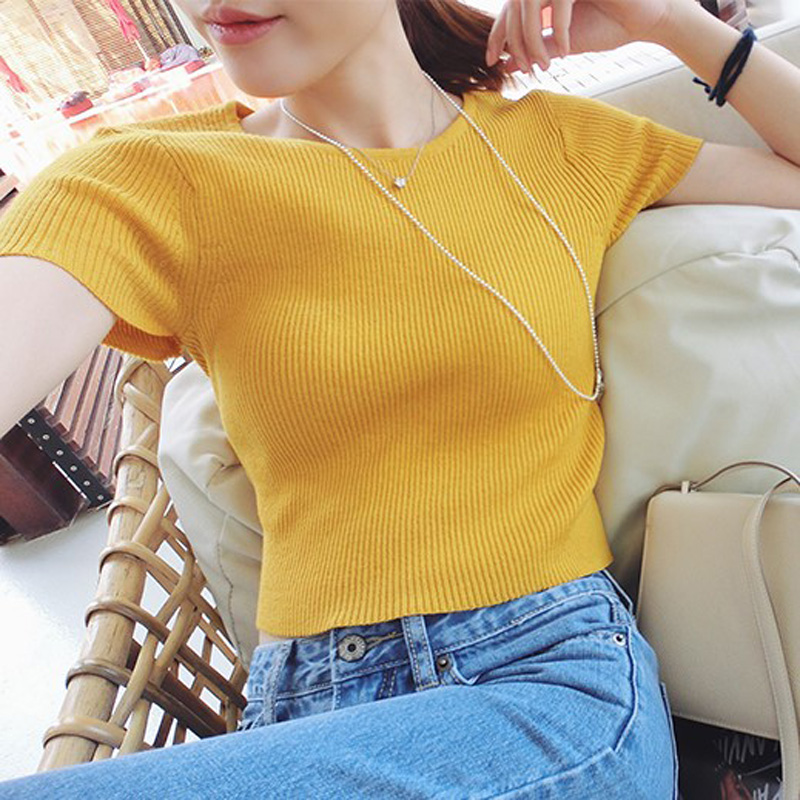 Korean summer knitted short sleeved women's Pullover ice silk sweater thin slim summer exposed navel top short T-shirt