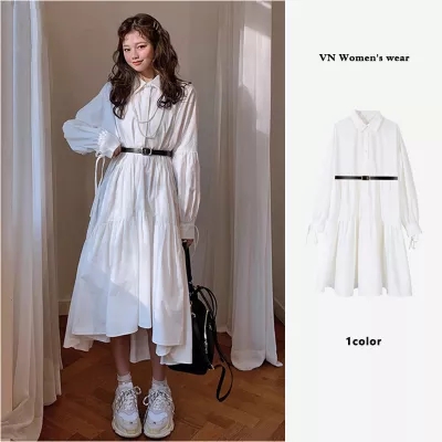Spring and autumn small French minority waist closed long sleeve irregular lotus leaf edge long white shirt dress women