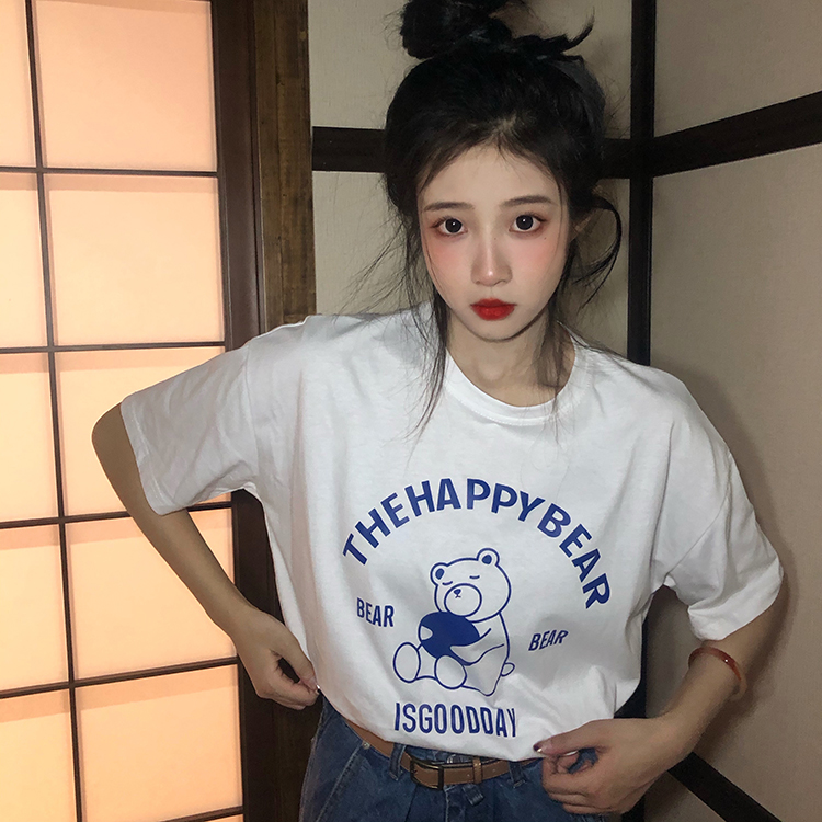 Summer Korean version new loose large version antique printing bear super fire short sleeved T-shirt for women