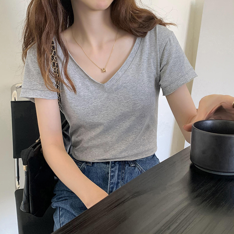 Real shooting pure cotton white T-shirt women's short sleeve 2022 summer new Korean loose student solid color V-neck women's top fashion