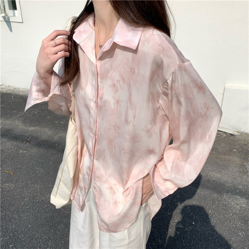 Real price tender gradient pink tie dyed French Lapel Shirt Top