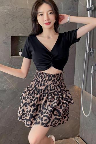 Real shooting American retro Spice Girl collar Jazz navel top leopard print short skirt two-piece set