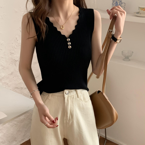 Real shooting of new summer large button suspender vest for women Xia Bing silk knitted bottomed shirt collar for women