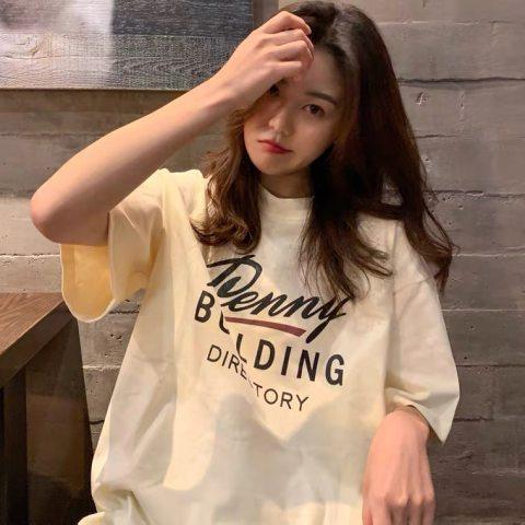 Short sleeved bottomed shirt women's autumn and winter loose medium and long round neck letter top is thin and fashionable with T-shirt inside