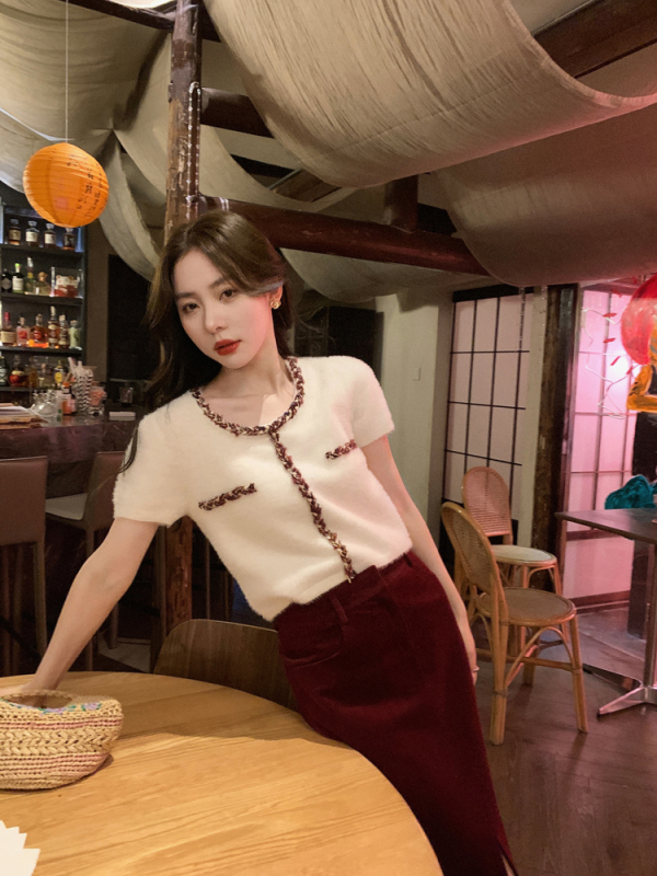 Luqing 1 / 3 sweet small fragrance short sleeve top women's spring retro mink round neck short knitted cardigan