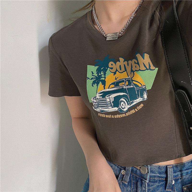 Korean ins printed T-shirt women's summer loose short navel exposed chic Hong Kong style new short sleeve top fashion