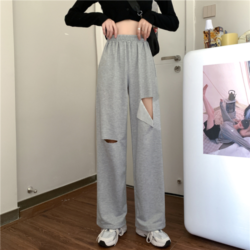 Hole high waist sports pants casual pants women's pants spring and summer loose wide leg pants hot girl pants straight pants