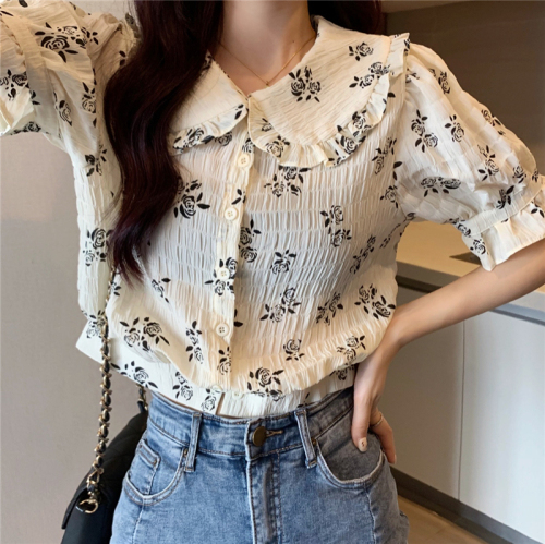 Real price French soft floral shirt women's design baby collar bubble sleeve short top