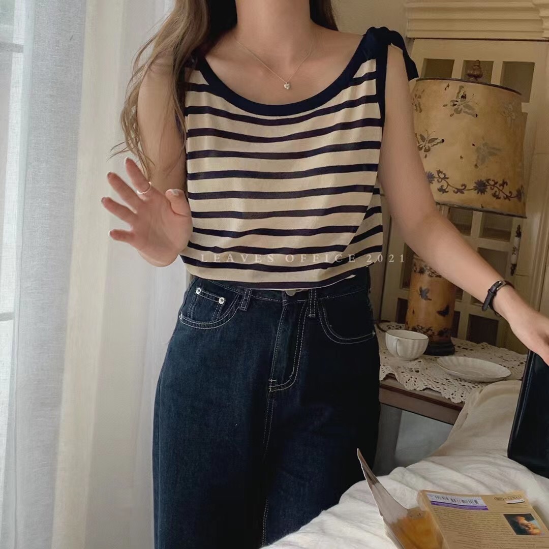 Leaves stripe ins style single side bow shoulder belt knitted vest women's 2022 versatile backless sleeveless top