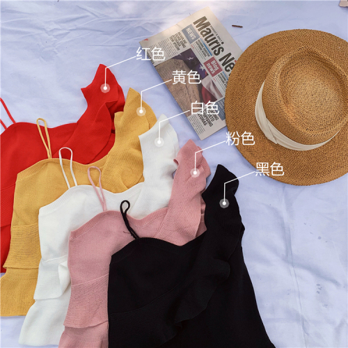 Net red live broadcast clothes sexy female anchor clothes ruffled backless knitted high waist vest short suspender top