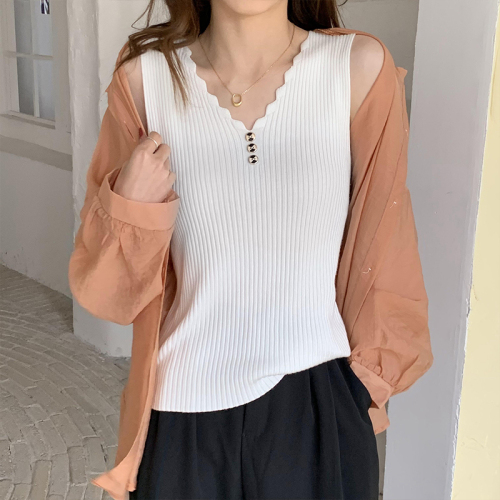 Real shooting of new summer large button suspender vest for women Xia Bing silk knitted bottomed shirt collar for women