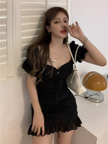Real price light cooked wind lace up one shoulder off back bubble short sleeve pleated medium length word wrap hip dress