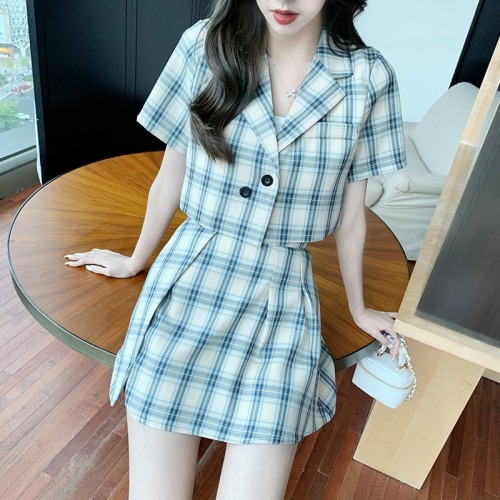 2022 new summer Plaid suit jacket skirt ins sweet and spicy British fashion suit