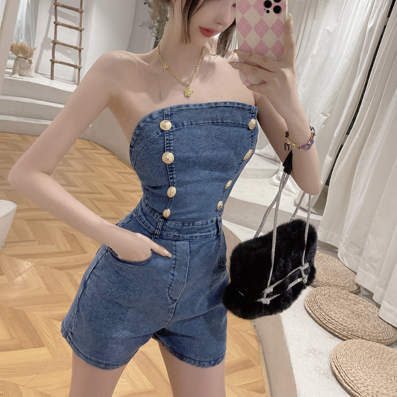 Real shot French Retro High Waist thin Strapless Jumpsuit fashion denim Jumpsuit wide leg shorts