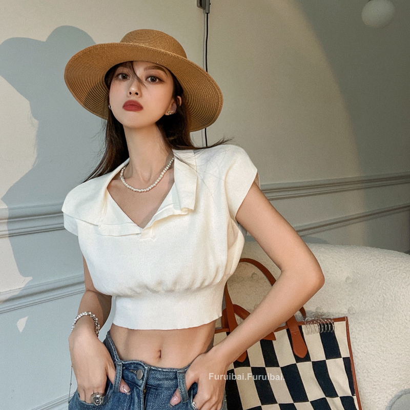 Real price, simple lapel, slim, casual and versatile, short belly button leakage sweater, female