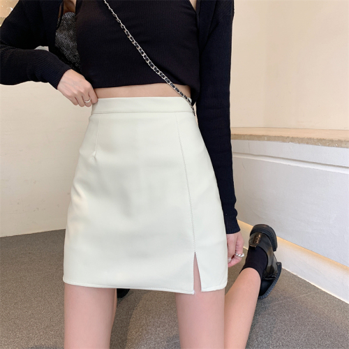 Real price ~ Black Leather Skirt women's split anti light half skirt high waist Spice Girl Hip Wrap one-step skirt