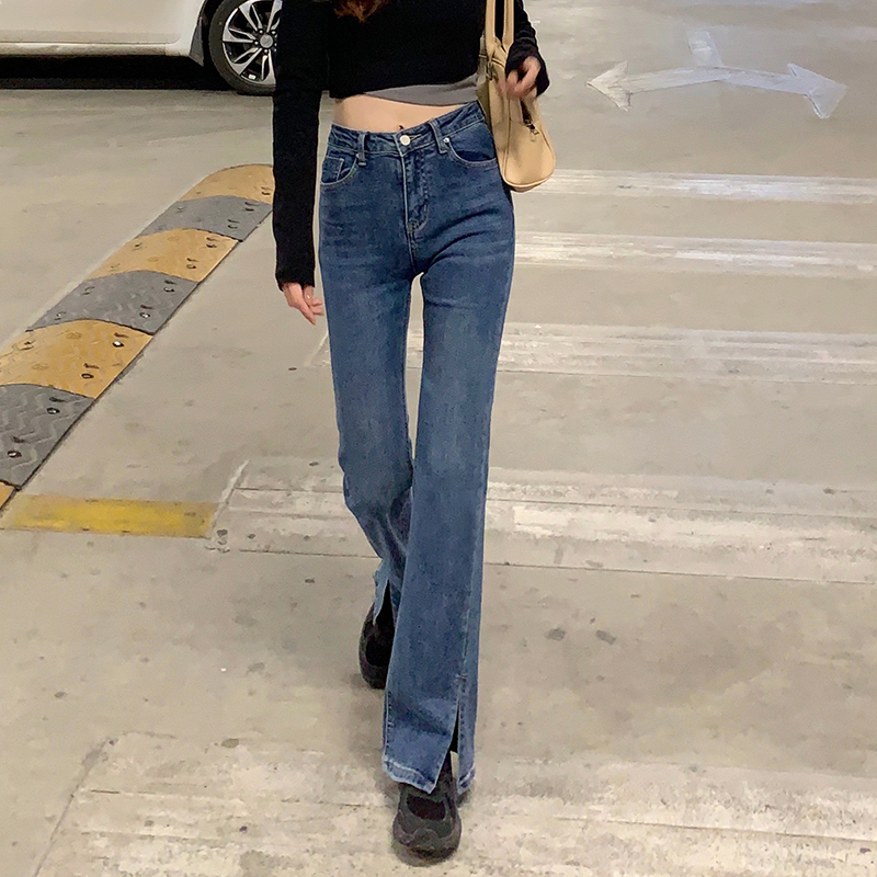 Real price Retro High Waist split denim pants women's versatile straight tube slim high micro flared pants