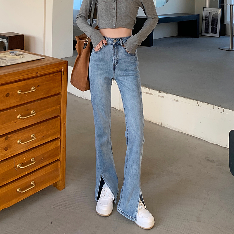 Live shooting versatile long legs 2022 new high waist slim elastic open fork versatile micro flare pants