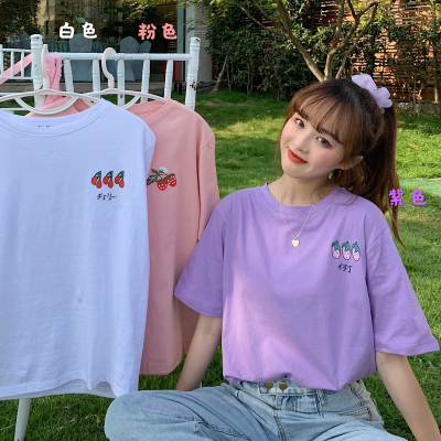 Summer new style small fresh lovely age reducing printing loose student bottomed short sleeved shirt top women's wear