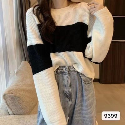 Sweater women's loose outer wear autumn and winter new lazy retro harbor stripe long sleeve sweater short top