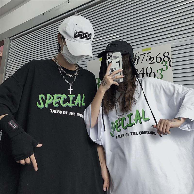 Summer new Guochao short sleeved shirt Harajuku Hong Kong style simple letter printing couple's top