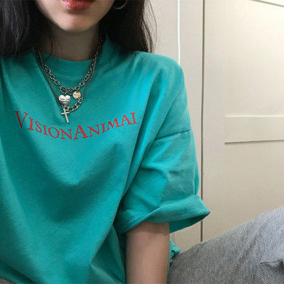 South Korea xiaxiaozhongqi round neck contrast color creative letter printing loose short sleeve T-shirt women's fashion