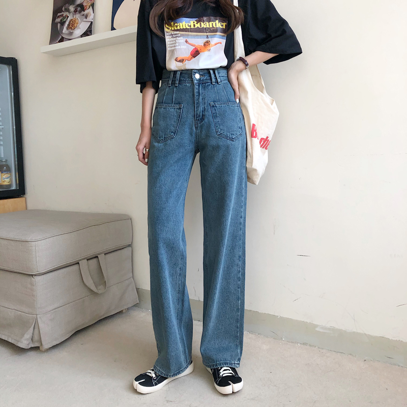 Real price foreign style pocket fashion jeans 2022 new loose straight high waist mops