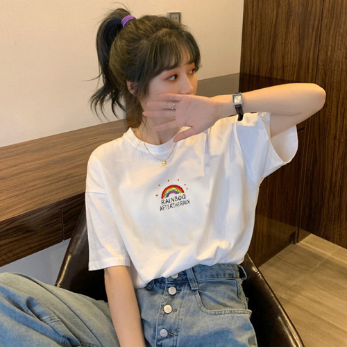 Summer new Korean rainbow printed T-shirt women's round neck short sleeve loose half sleeve white top women's fashion