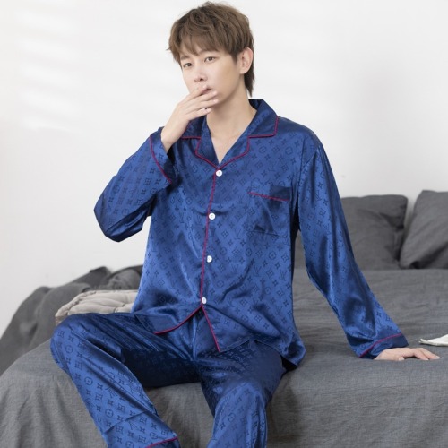 Real shooting  new couple pajamas ice silk long sleeves comfortable simulation silk spring and autumn cardigan simple home clothes