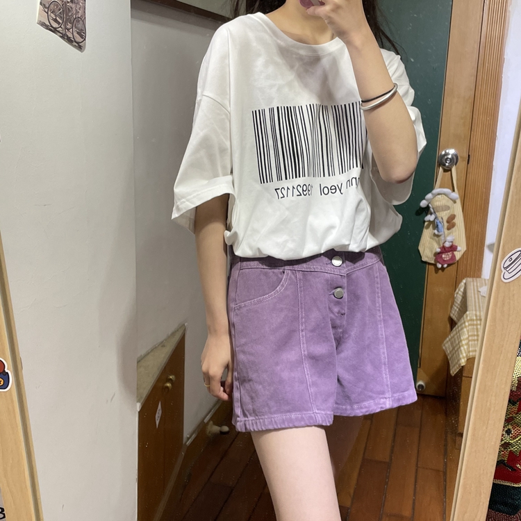 Two color Korean fashion creative bar code printed T-shirt short sleeve loose and versatile basic summer women