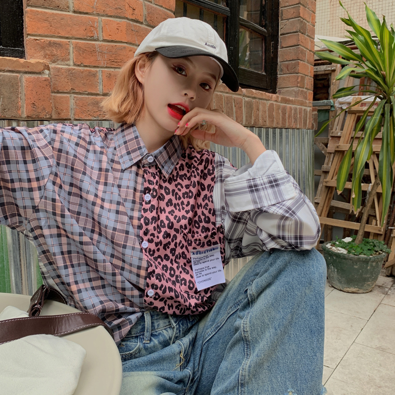 Japanese Leopard Contrast check stitching shirt men's and women's spring and autumn tide brand minority couple casual loose shirt
