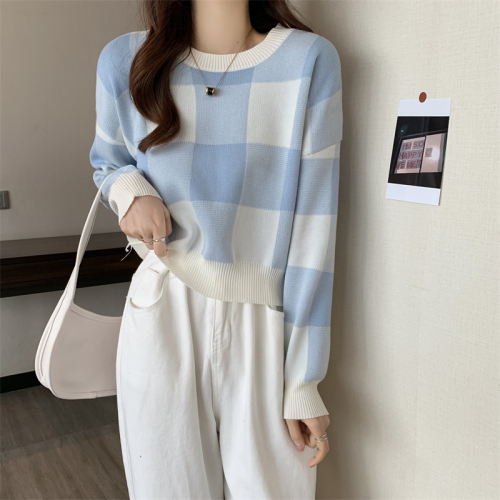 Real shot real price spring Korean version contrast checked short sweater loose and versatile lazy and thin Knitted Top Women