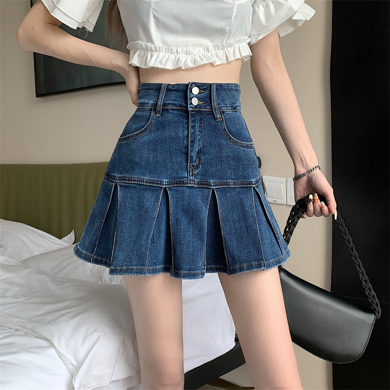 Denim skirt women's spring small pleated skirt new high waist slim word skirt short skirt