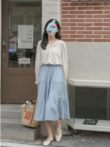 Cotton linen fabric  summer blue high waist A-line skirt medium length women