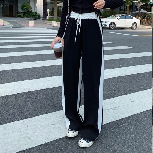 2022 summer new Korean high waist loose black and white vertical feeling straight tube casual floor mopping pants wide leg pants women