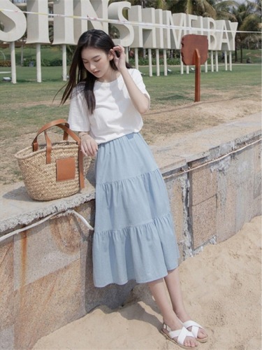 Cotton linen fabric  summer blue high waist A-line skirt medium length women