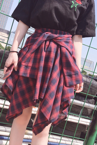 Real shooting lattice skirt, spring and summer, new student Korean version, high waist word, irregular elastic short skirt, female