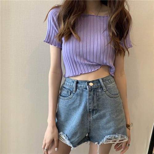 Knitwear T-shirt short sleeved women's 2022 summer new short style fashion thin and versatile slim sexy thin top