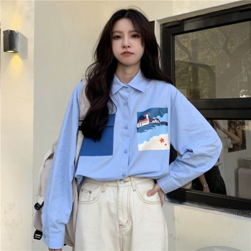 Real shot Korean printed long sleeved shirt design sense, a small number of people wear a blue chic Hong Kong Style blouse, female