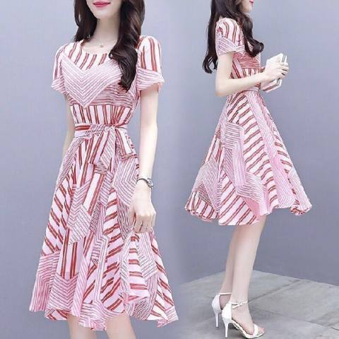 New Korean fashion women's short sleeved printed medium and long style women's dress