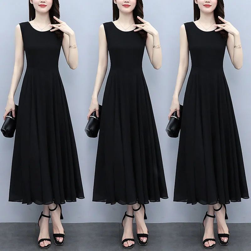 Summer new Sleeveless Black large high-grade chiffon dress with thin waist and covered belly long skirt