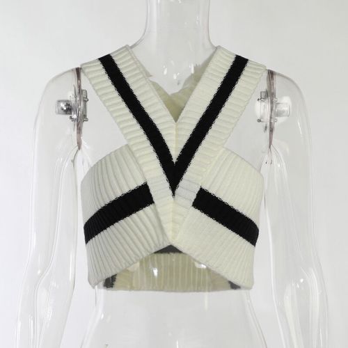 That girl European and American minority knitted vest design stripe sleeveless V-neck slim and versatile hanging neck jacket