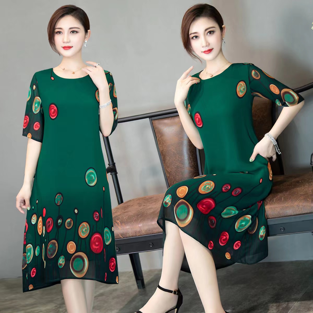 Summer mother's medium and old women's dress with round sleeves and long sleeves