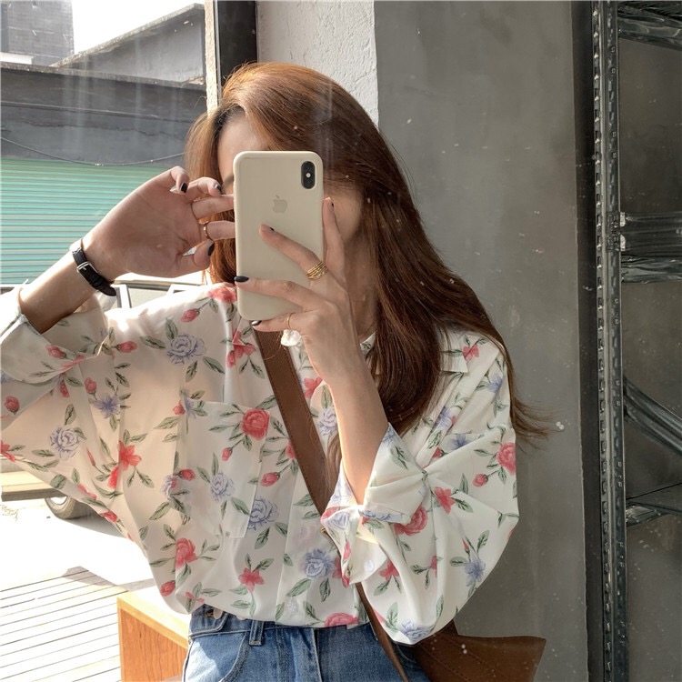 Early spring new loose and versatile broken flower chiffon long sleeved sunscreen shirt for women