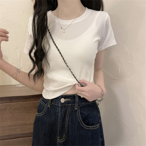 Real price and real shooting American basic short sleeve T-shirt women's solid color bottomed shirt high waist short navel top